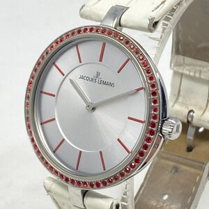Jacques Lemans Watch Women 35mm Silver Tone Red Crystal Bling WR 50M New Battery